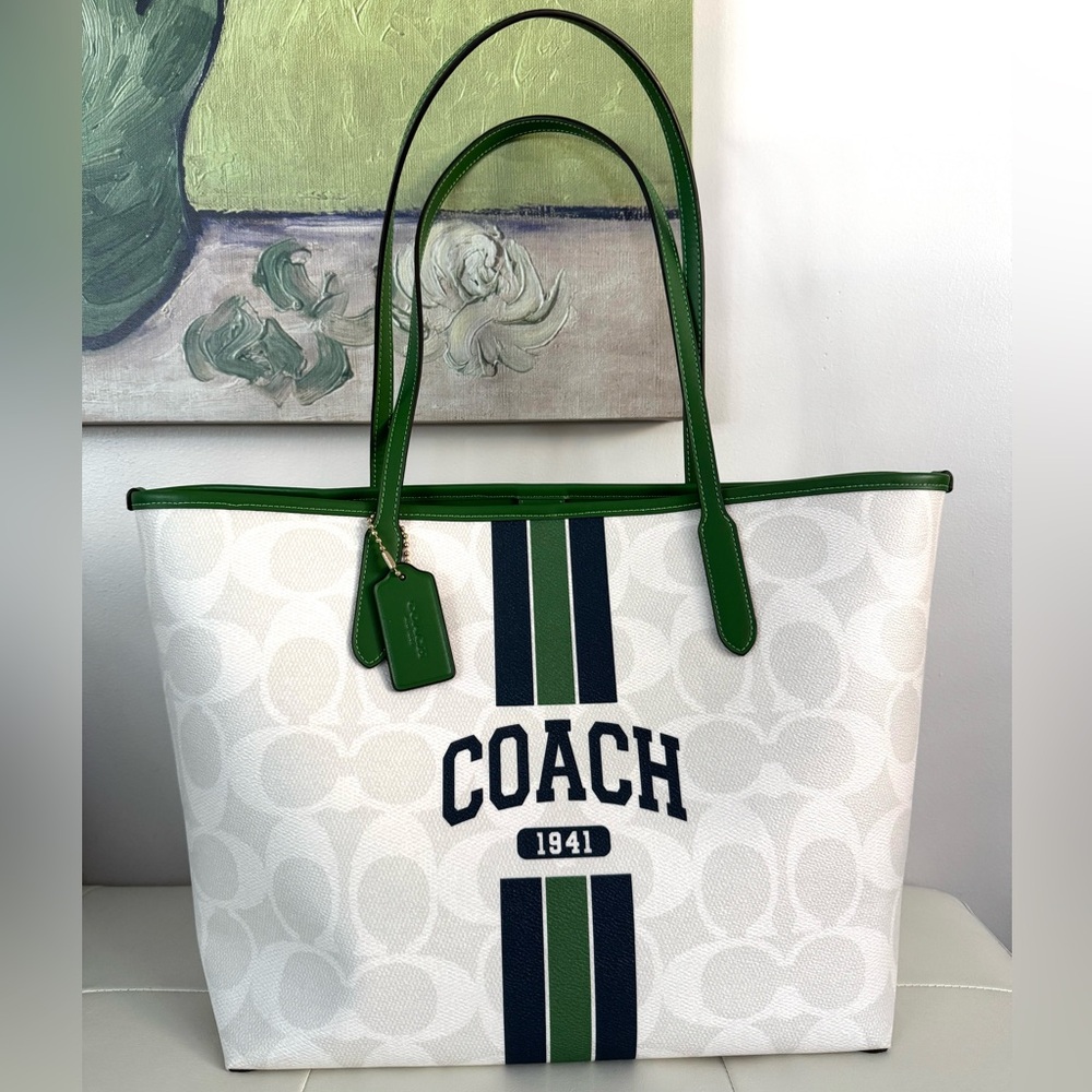 Rare, Coach White Signature City Tote with Navy and Green Stripes
